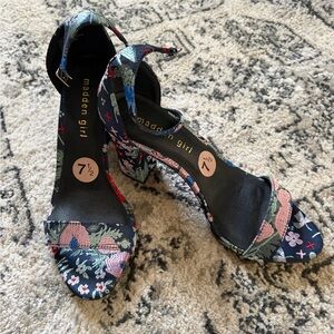 Madden Girl Navy Floral Ankle-Strap Block Heels with Pink & Green Accents